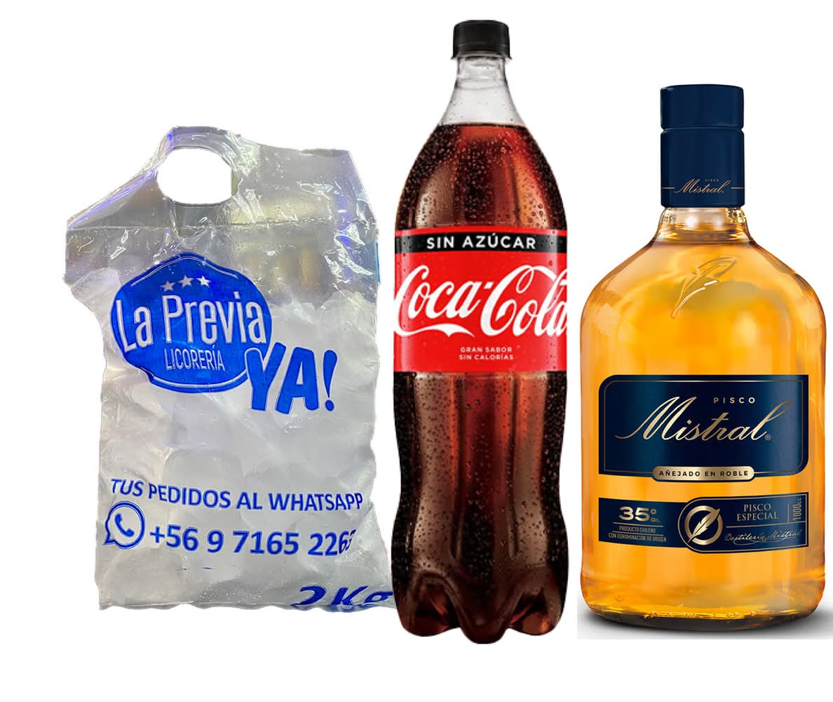 Promo Pisco Mistral 1L + Coca Cola Zero 1,5 lt + Hielo