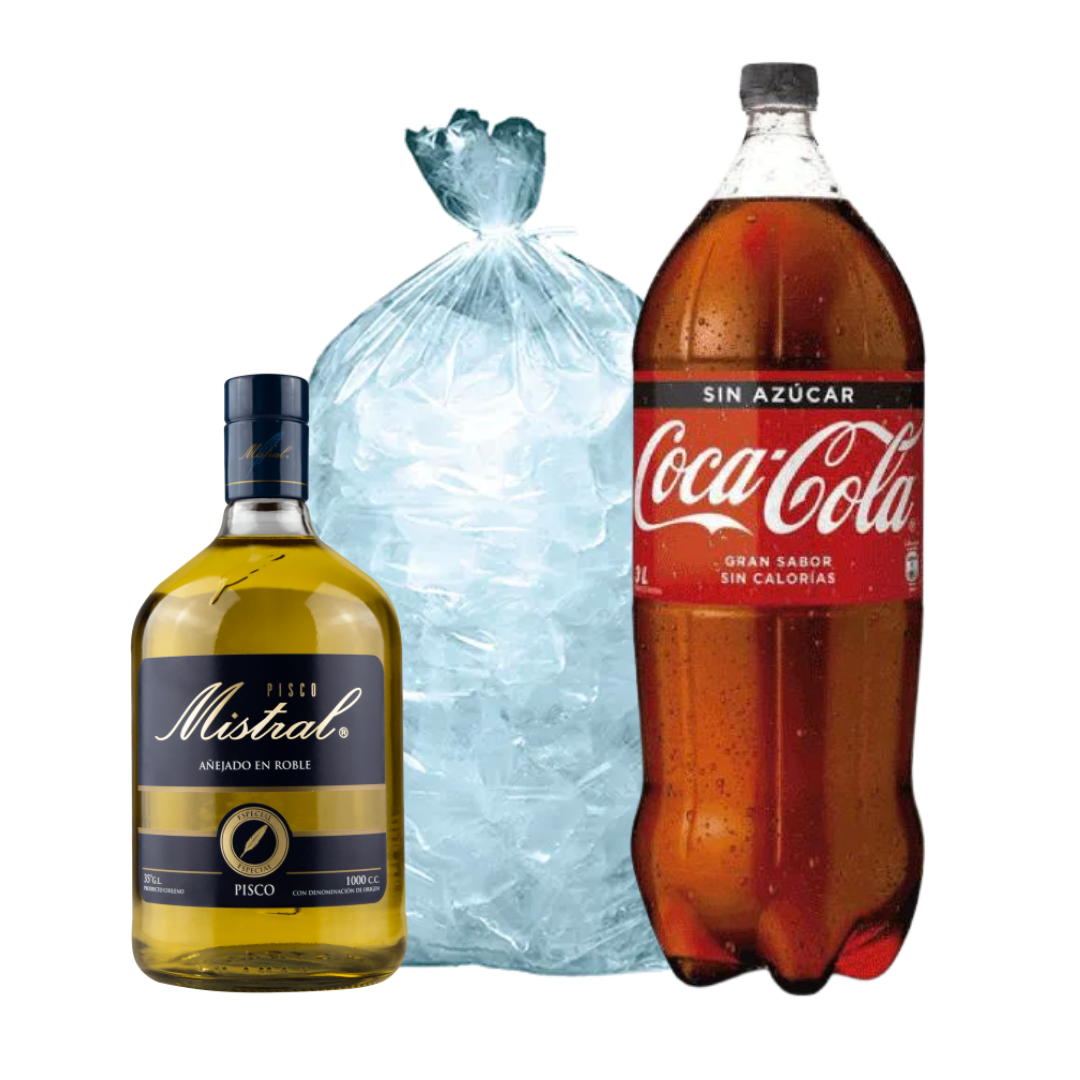 Promoción Pisco Mistral 35° 750cc + Coca Cola Zero 2.5 Litros + Hielo
