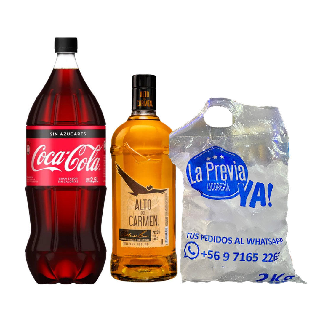 Promo Pisco Alto del Carmen 35° Roble del Sur 1 L + Coca Cola Zero 2.5 L + Hielo