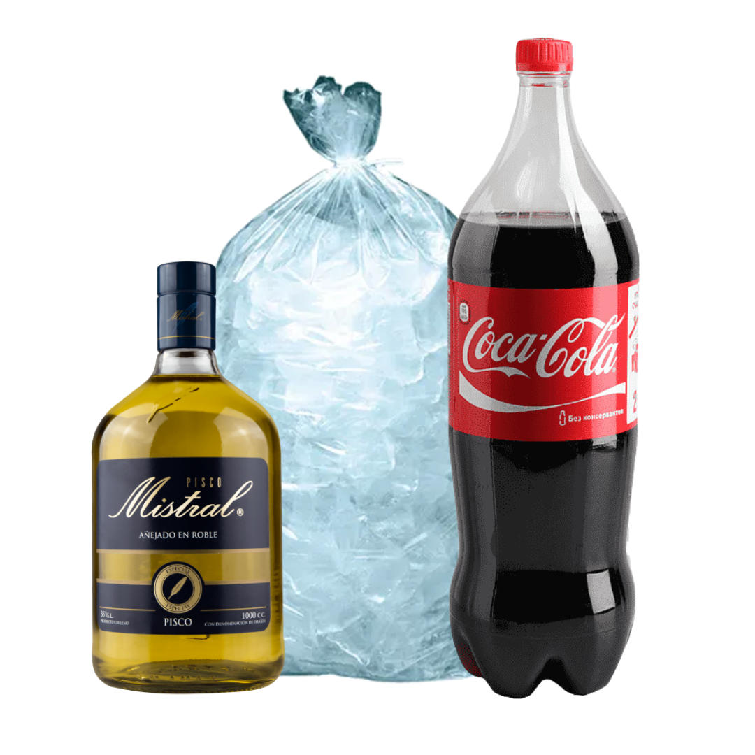 Promoción Pisco Mistral 35° 750cc + Coca Cola Original 2.5 Litros + Hielo