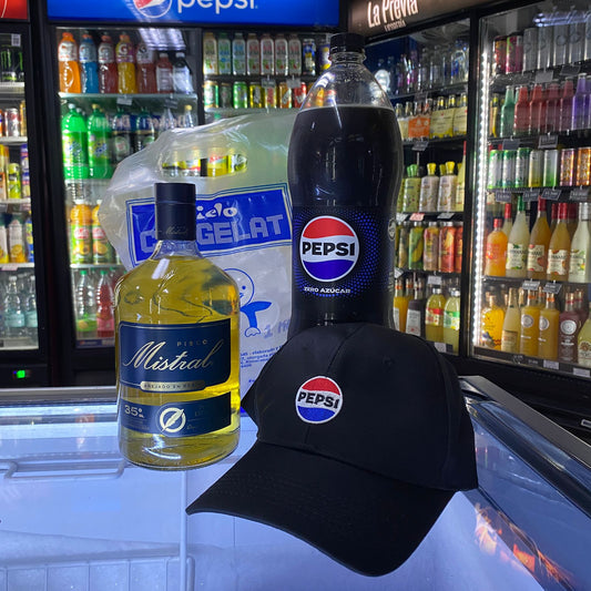 Promo Pisco Mistral 1L + Pepsi Zero 2 lt + Hielo + Gorro