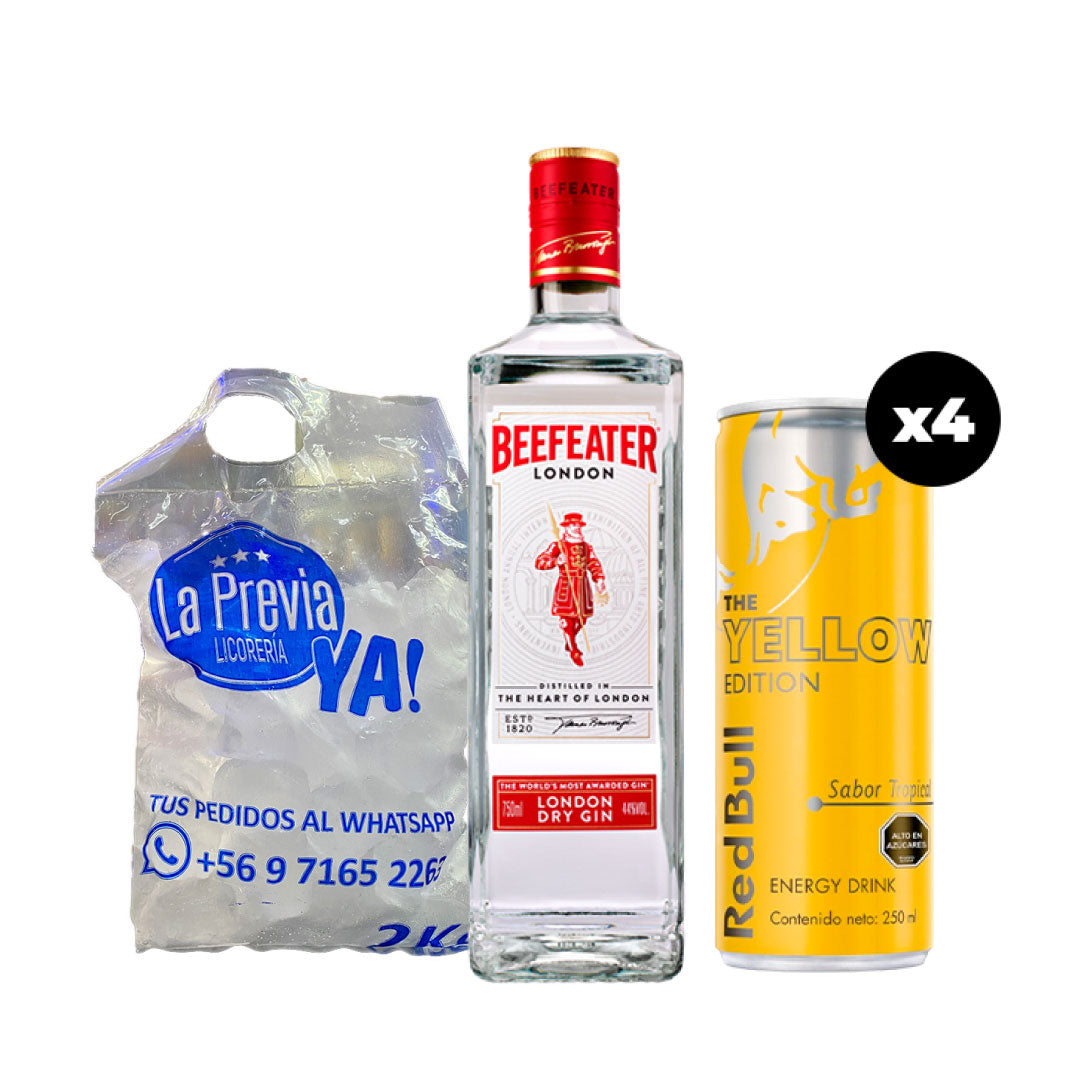 Pack Gin Beefeater London Dry 40° 750cc + 4 Red Bull Tropical 250cc + Hielo