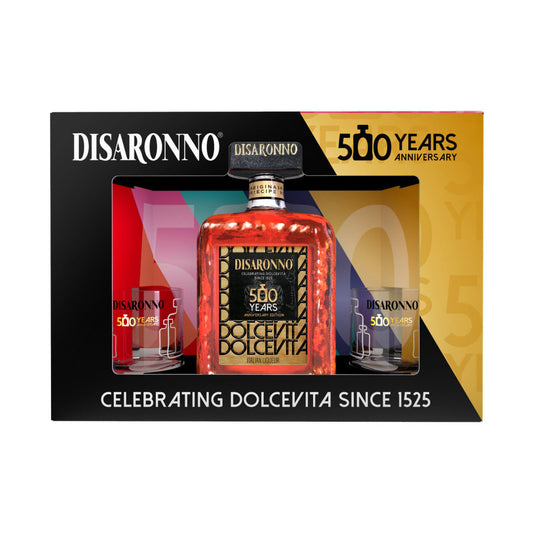 Pack Anniversary 500 Years Disaronno 700cc + 2 Vasos Vidrio