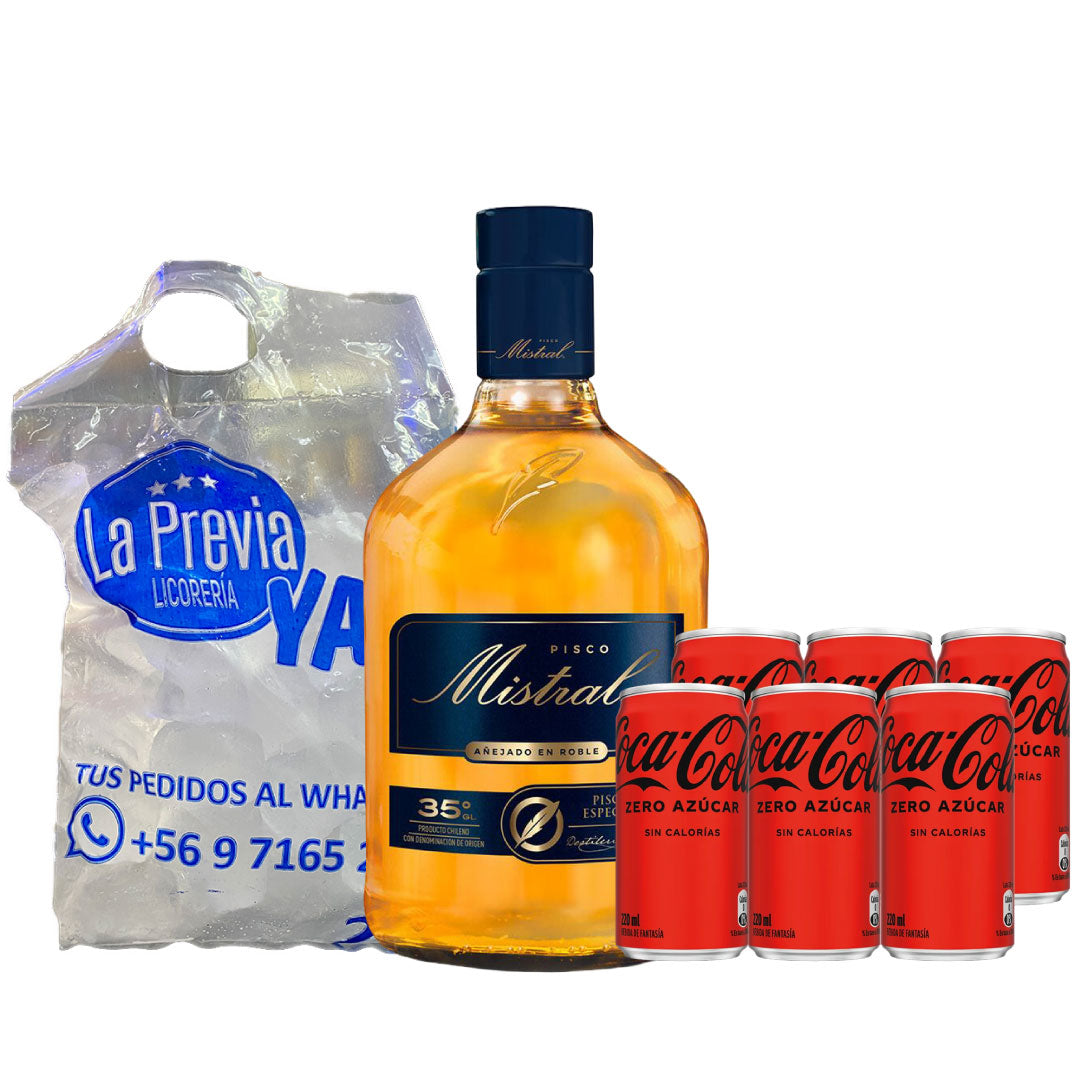 Promo Pisco Mistral 1 L + Six pack Coca Cola Sin Azúcar 220 ml + Hielo
