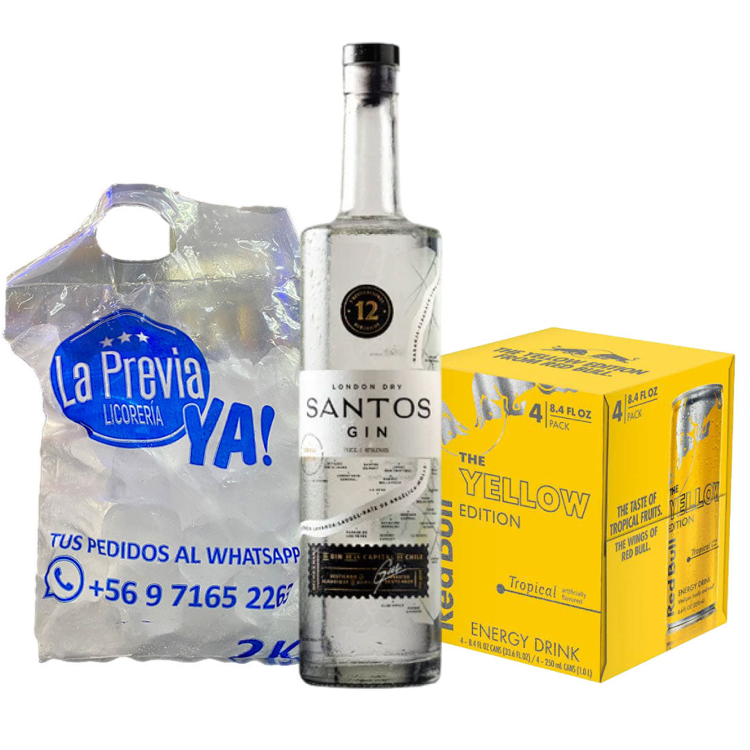 Pack Gin Santos London Dry 40° 750cc + 4 Red Bull 250cc + Hielo