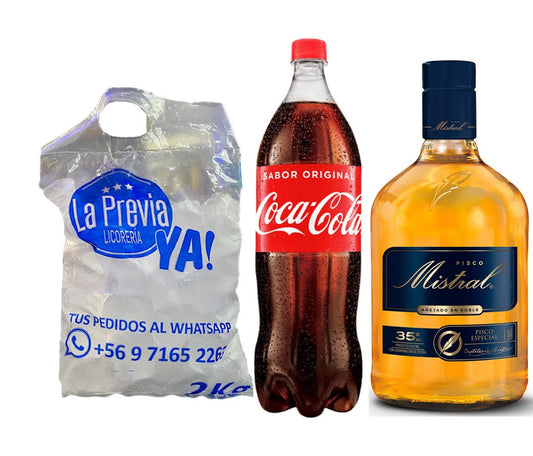 Promo Pisco Mistral 1L + Coca Cola 1,5 lt + Hielo