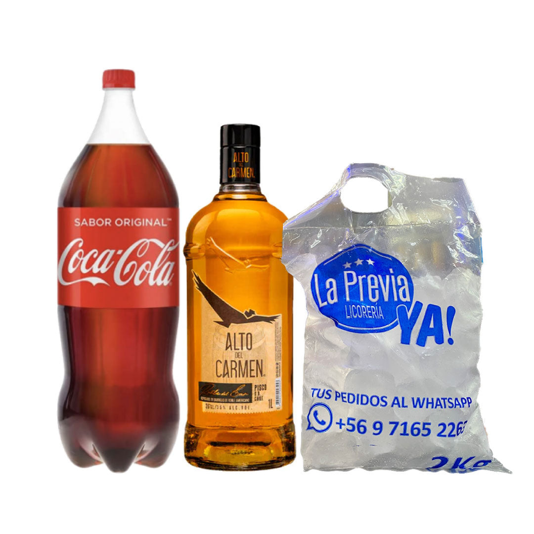 Promo Pisco Alto del Carmen 35° Roble del Sur 1 L + Coca Cola 2.5 L + Hielo