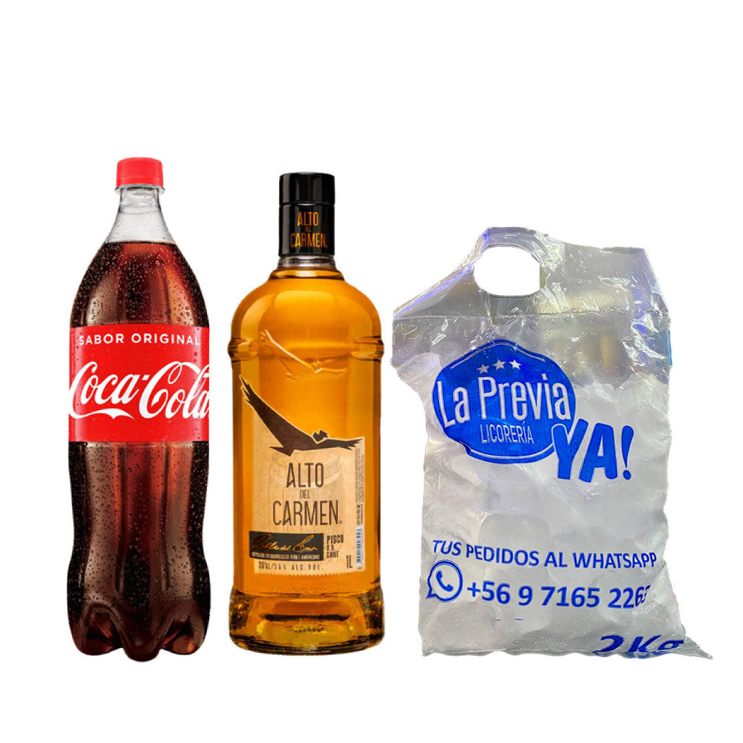 Promo Pisco Alto del Carmen 35° Roble del Sur 1 L + Coca Cola 1.5 L + Hielo